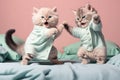 funny kittens in terry bathrobe joyfully jumping at the bed having fun, created with Generative AI technology