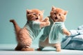 funny kittens in terry bathrobe joyfully jumping at the bed having fun, created with Generative AI technology
