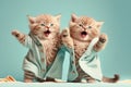 funny kittens in terry bathrobe joyfully jumping at the bed having fun, created with Generative AI technology