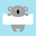 Funny koala hanging on paper board template. Kawaii animal body. Cute cartoon character. Baby card. Flat design style. Blue backgr