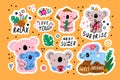 Funny koala stickers. Cute little bears. Australian fauna characters. Comic fluffy wild marsupial animals. Tropical