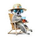 Funny koala wearing summer hat and stylish sunglasses, holding glass with cocktail drink on beach chair isolated over white.