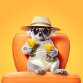 Funny koala wearing summer straw hat and stylish sunglasses, holding glasses with cocktail drinks on chair isolated over orange. Royalty Free Stock Photo