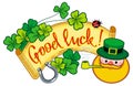 Funny label with shamrock, leprechaun and text Good luck!. Ras