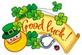 Funny label with shamrock, leprechaun and text `Good luck!`. Raster clip art.