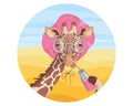 Funny lady giraffe in a hat drinks lemonade through a straw. Vector illustration