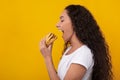 Funny Lady Holding Burger Biting Sandwich At Studio Royalty Free Stock Photo