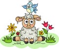 Funny lamb with little bird on head in the garden