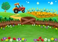 Funny landscape with tractor and cornfield