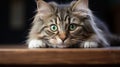 Funny large longhair gray kitten with beautiful big green eyes lying on white table. Generative AI