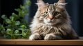 Funny large longhair gray kitten with beautiful big green eyes lying on white table. Generative AI