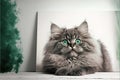 Funny large longhair gray kitten with beautiful big green eyes lying on white table. Lovely fluffy cat licking lips, AI generated