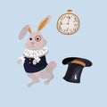 Funny lating rabbit inspired by Alice in Wonderland with clock and stovepipe hat Royalty Free Stock Photo