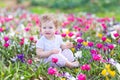 Funny laughing baby playing with first spring flowers Royalty Free Stock Photo