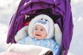 Funny laughing baby sitting in a stroller on c old winter day Royalty Free Stock Photo