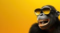 Funny laughing chimpanzee with sunglasses cartoon style on bright yellow background created with Generative AI