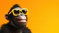 Funny laughing chimpanzee with sunglasses cartoon style on bright yellow background created with Generative AI