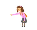 Funny laughing girl character with backpack. Schoolgirl with a wide smile pointing her finger at something. Flat vector