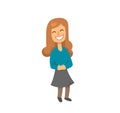 Funny laughing girl character with long ginger hair. Schoolgirl with smile on her face. Flat vector illustration