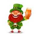 Funny laughing Leprechaun wearing cylinder with a shamrock flower and holding light beer glass. Vector mascot character