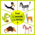 Funny learning maze game, find all 3 cute animals with the letter A, alligator, antelope, Armadillo. Vector