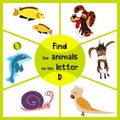 Funny learning maze game, find all 3 cute animals with the letter D, a Dolphin, a dog and a donkey. Educational page for children.