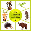 Funny learning maze game, find all 3 cute wild animals with the letter M, field mouse, macaque monkey tropical and insect-eating m