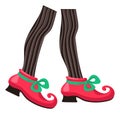 Funny legs in red stockings and black shoes with golden buckles in cartoon style