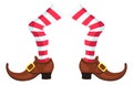 Funny legs in red striped stockings and brown shoes with golden buckles in cartoon style