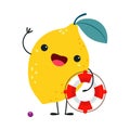 Funny Lemon as Summer Fruit Character Waving Hand Standing with Lifebuoy Enjoying Vacation and Having Fun Vector