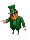 Funny leprechaun in green suit and hat pointing with his finger. 3D rendering Royalty Free Stock Photo