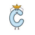 Funny letter C. Crown. Children's cheerful alphabet. Cartoon cute letter isolated on white. Cartoon Funny Capital