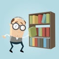 Funny librarian with a bookshelf