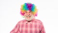 Funny lifestyle. Fun and entertainment. Comic happy grandfather concept. Circus show. Elderly clown. Man senior bearded