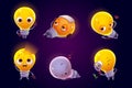 Funny light bulbs characters emoji icons set.