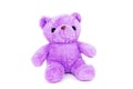 Funny lilac teddy bear sitting isolated on white background. Photography for children`s toy catalog