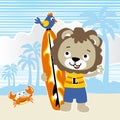 Funny lion cartoon in the beach