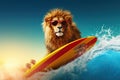 Funny lion surfing on a wave.Sunny day. Summer concept. AI generative