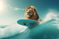 Funny lion surfing on a wave.Sunny day. Summer concept. AI generative