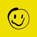 Funny liquid melt groovy cartoon smiley, psychedelic surreal smile emoji melting face isolated on yellow background