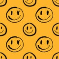 Funny liquid melt groovy cartoon smiley seamless pattern, psychedelic surreal smile emoji melting face isolated on