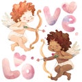 Funny little Angel-Boys. African-american cupid have fun. Watercolor Illustration of a Valentine`s Day. illustration in