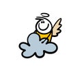 Funny little angel with halo and wings sitting on heaven cloud. Vector illustration of fantastic religion. Royalty Free Stock Photo