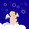 Funny little angel weep over soap-bubbles