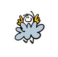 Funny little angel with wings hiding over the cloud in the sky and waving his rising up hand.