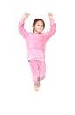 Funny little Asian child girl in pink tracksuit or sport cloth jumping on air over white background. Freedom kid movement concept Royalty Free Stock Photo