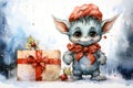 Funny little baby elf with a Christmas gift. Watercolor drawing