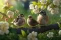 Funny little birds sit among the branches. AI generation Royalty Free Stock Photo