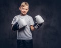 Funny little boy boxer with blonde hair dressed in a white t-shirt wearing boxing gloves posing in a studio. Isolated on Royalty Free Stock Photo
