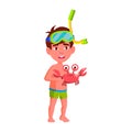 funny little boy catching crab in ocean cartoon vector Royalty Free Stock Photo